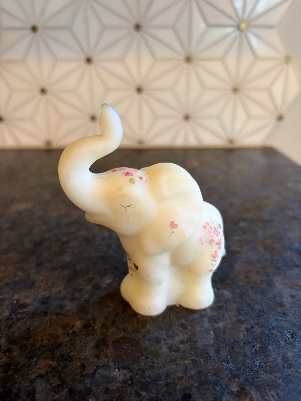 Fenton Cream Elephant Figurine with Pink Floral Accents signed by painter
